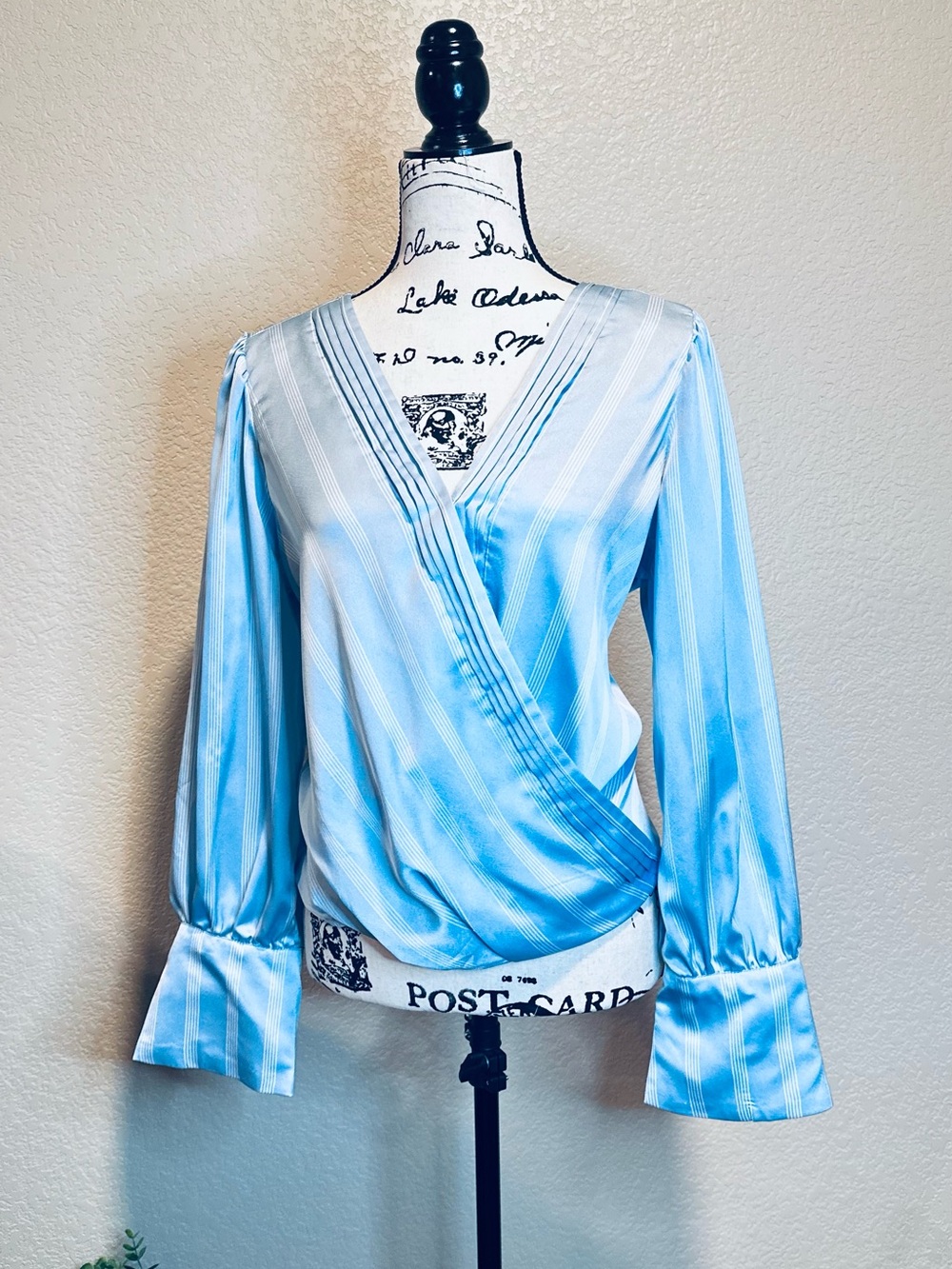 Halogen Flowy Light Blue Striped Satin Wrap Blouse with Large Sleeve Cuffs -L